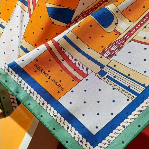 Hermes Orange and Blue Striped Scarf with Wheel Motif - Picture 2 of 6